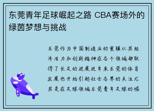 东莞青年足球崛起之路 CBA赛场外的绿茵梦想与挑战