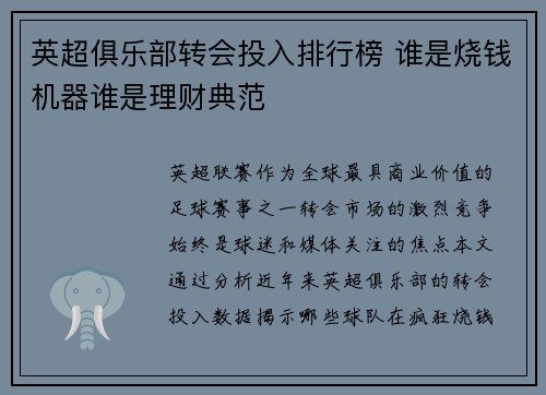 英超俱乐部转会投入排行榜 谁是烧钱机器谁是理财典范
