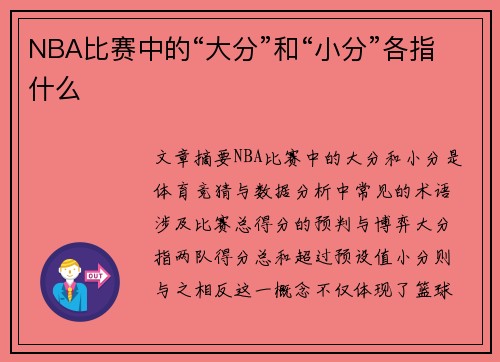 NBA比赛中的“大分”和“小分”各指什么